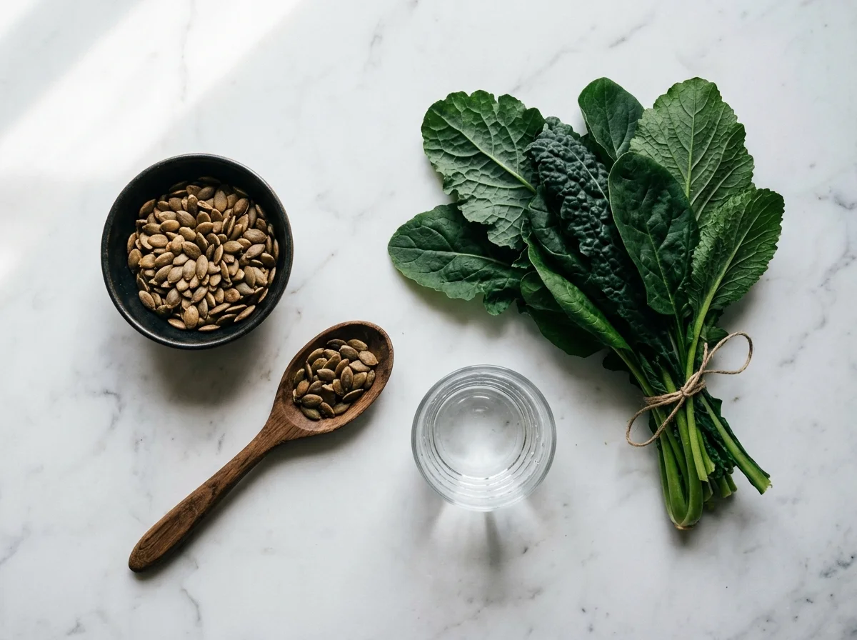 Naturliga ingredienser - pumpafrön och bladgrönsaker rika på zink och magnesium för normalt nervsystem