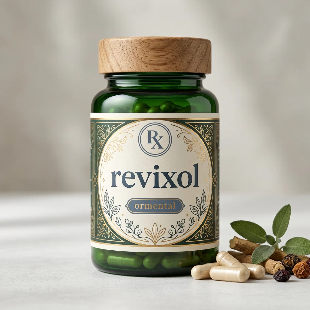 Revixol kosttillskott 30 kapslar, bärnstensfärgad burk med orange etikett